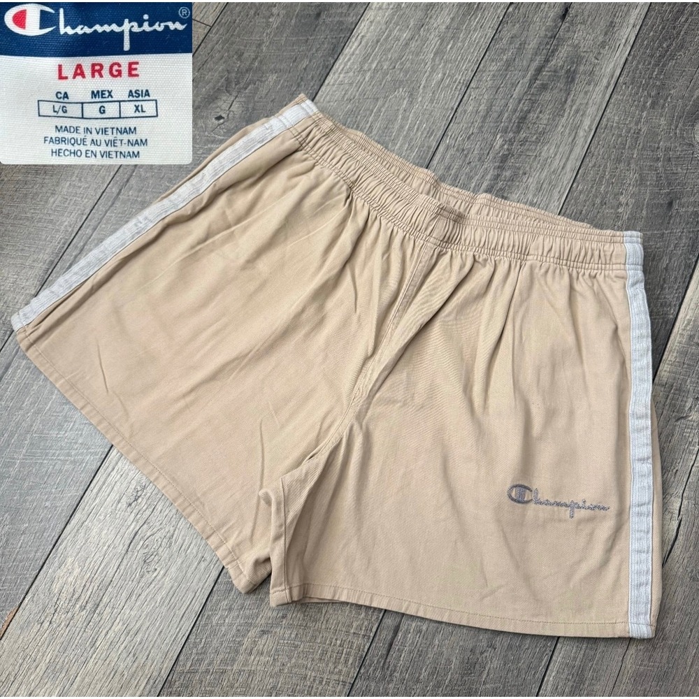 Y2K Champion Tan Khaki Cotton Twill Athletic Shorts Side Stripe GJ012022 Mens L